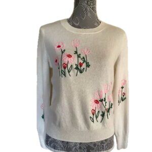 NEW Cynthia Rowley Cashmere Sweater Embroidered Florals on Cream Womens XL